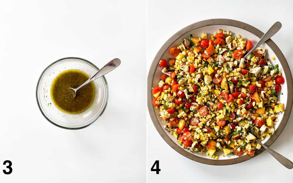 Pesto vinaigrette in a small bowl. Salad tossed with dressing in a large bowl.