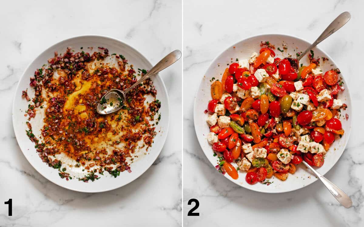 Balsamic vinaigrette stirred in a large bowl. Tomatoes and feta stirred into dressing.