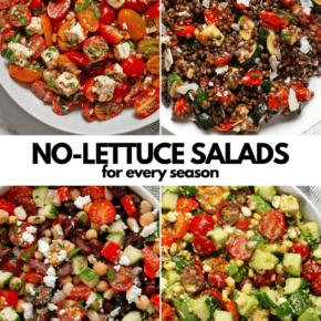 Images of the following no-lettuce salads: marinated tomato feta salad, roasted tomato zucchini lentil salad, mediterranean bean salad and avocado tomato salad.