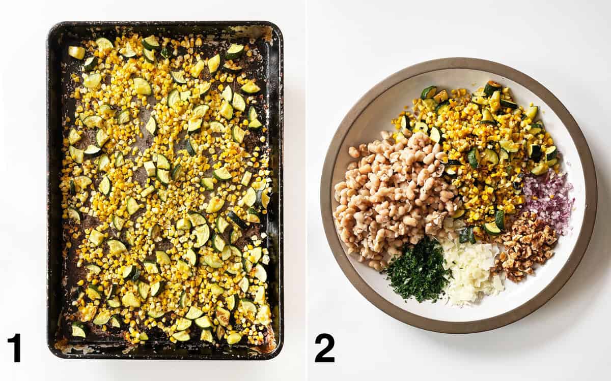Roasted zucchini and corn on a pan. Salad ingredients assembled in a bowl.