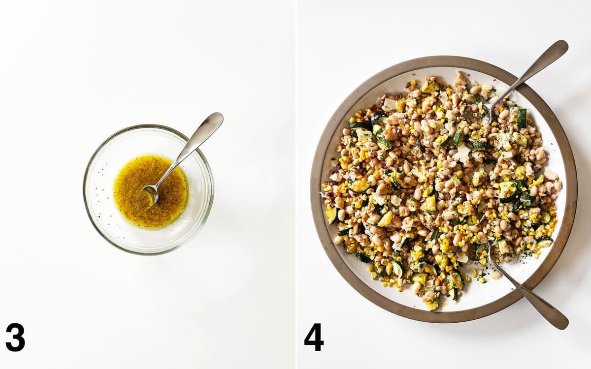 Lemon vinaigrette in a small bowl. Salad ingredients tossed with dressing in a large bowl.