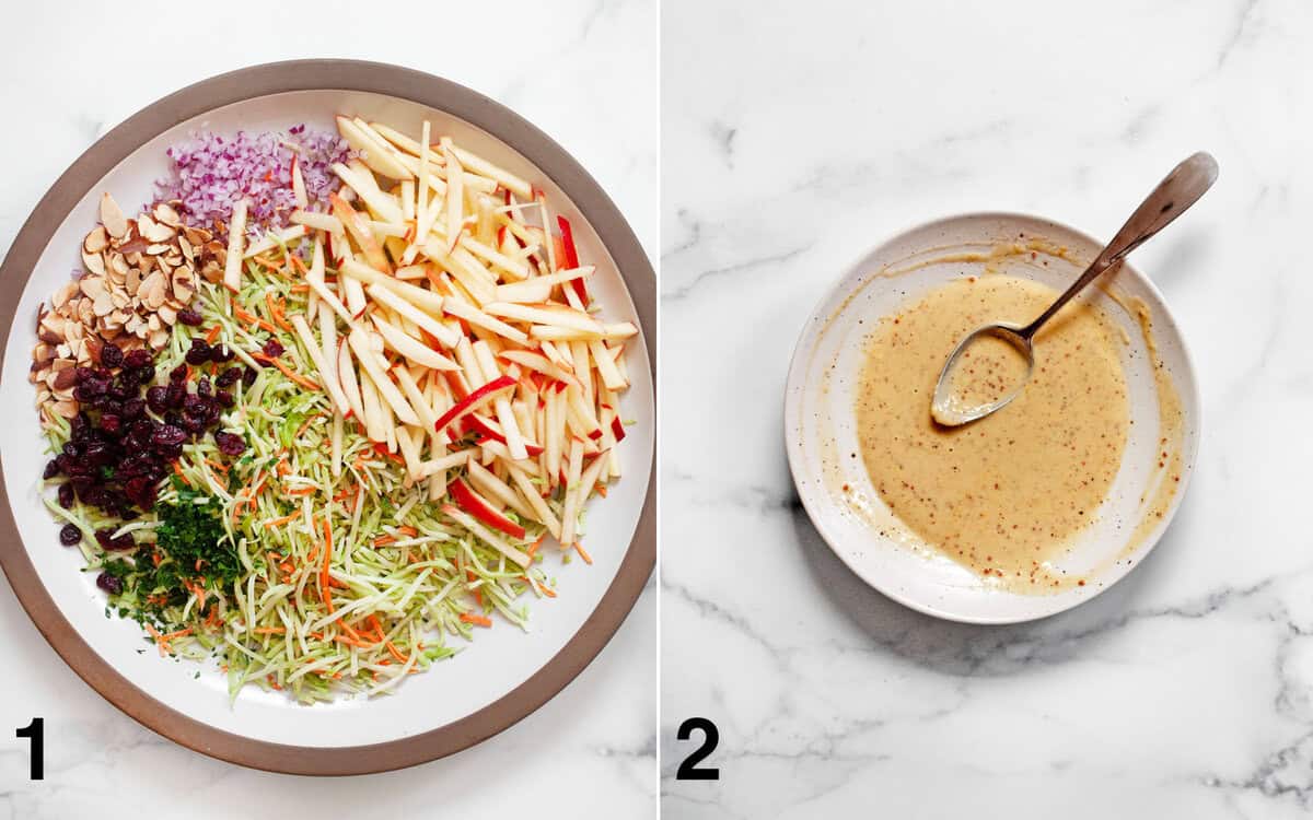 Salad ingredients assembled in a large bowl. Tahini dressing whisked in a small bowl.