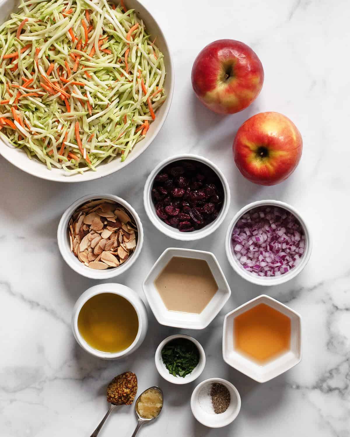 Ingredients including broccoli slaw, apples, red onions, dried cranberries, almonds, olive oil, tahini, apple cider vinegar, garlic, mustard, salt and pepper.